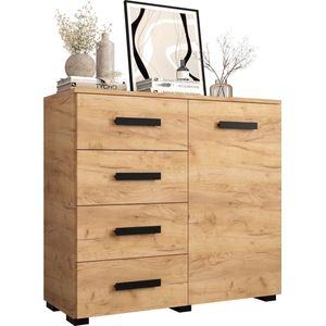 InspireMe- Dressoir - Commode - Moderne Ladenkast - Kast - ( Breedte 100 cm Hoogte 93 cm Diepte 40cm) - Berg 100 - Eiken Kraft Goud+Zwart