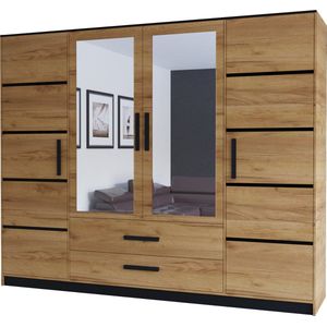 InspireME Kledingkast Slaapkamer Kledingkast Spiegel Kledingkast 4 gesloten deuren en 2 lades Kast met meerdere planken met ophangruimte (BxHxD): 201x202x40 cm ATLAM 201 Gouden Eik + Zwart