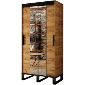 InspireMe - Kledingkast, Slaapkamer Kast met 2 schuifdeuren en Loft-stijl spiegel, industriele kledingkast, metalen poten Kledingkast met planken (B x H x D): 120.5x212x62 -FOLT T1 120 Goud Oak + zwart ( Met 2 Laden)