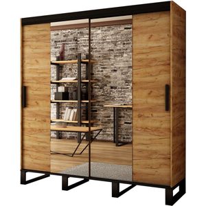 InspireMe - Kledingkast, Slaapkamer Kast met 2 schuifdeuren en Loft-stijl spiegel, industriele kledingkast, metalen poten Kledingkast met planken (B x H x D): 200.5x212x62 -FOLT T1 200 Goud Oak + Zwart (Met 4 Laden)