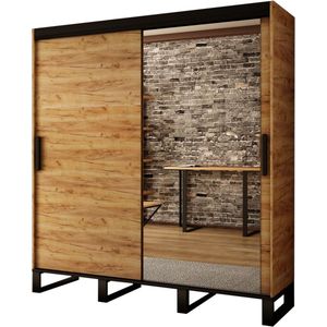 InspireMe- Kledingkast met 2 schuifdeuren, Spiegeldeur Loft-stijl, Industriële kledingkast, Metalen poten Kledingkast met planken (BxHxD): 200x212x62 - FOLT T2 200 met 4 lades Goud Craft Eik + Zwart