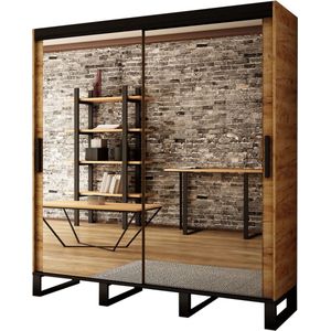 InspireMe- Kledingkast met 2 schuifdeuren, Spiegeldeur Loft-stijl, Industriële kledingkast, Metalen poten Kledingkast met planken (BxHxD): 2000x212x62 - FOLT T3 200 met 4 lades Goud Craft Eik + Zwart