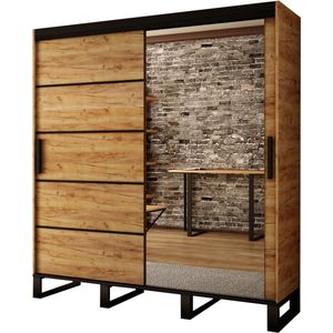 InspireMe- Kledingkast met 2 schuifdeuren, Spiegeldeur, Loft-stijl, Industriële kledingkast, Metalen poten Kledingkast met planken (BxHxD): 180x212x62 - FOLT V2 180 met 4 lades Goud Craft Eik + Zwart