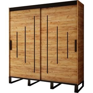 InspireMe- Kledingkast met 2 schuifdeuren, Loft-stijl, Industriële kledingkast, Metalen poten Kledingkast met planken (BxHxD): 180,5x212x62 - FOLT Y 180 met 4 lades Goud Craft Eik + Zwart