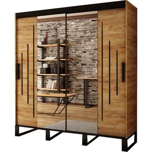 InspireMe- Kledingkast met 2 schuifdeuren, Spiegeldeur, Loft-stijl, Industriële kledingkast, Metalen poten Kledingkast met 2 planken (BxHxD): 180,5x212x62 - FOLT Y1 180 zonder lades Goud Craft Eik + Zwart