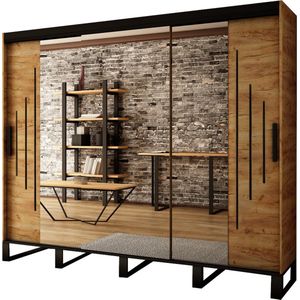 InspireMe- Kledingkast met 3 schuifdeuren, Spiegeldeur, Loft-stijl, Industriële kledingkast, Metalen poten Kledingkast met 3 planken (BxHxD): 250,5x212x62 - FOLT  Y2 250 met 4 lades Goud Craft Eik + Zwart