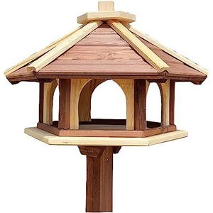 Vogelhuisje met standaard van hout, weerbestendig, vogelvoederhuis, voederstation voor wilde vogels, vogelvoederhuis om neer te zetten voor de tuin, balkon (bruin + natuur)