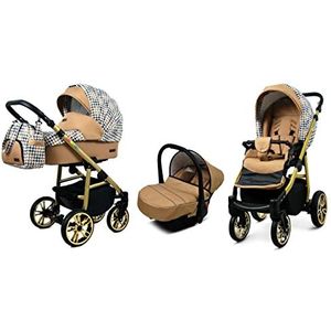 BabyLux Lux 3 in 1 Baby Reis Systeem Kinderwagen Autostoel Sushade Regenhoes Voetenzak Dragende Wielen Pasgeborene tot Baby Gold And Black Houndstooth Gold Frame