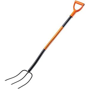 KADAX Spatvork van staal, 135 cm lange vork, hooivork, grafvork om te graven, ergonomische tuinvork, mestvork, vork met D-greep, tuinvork (3 tanden, zwart/oranje)