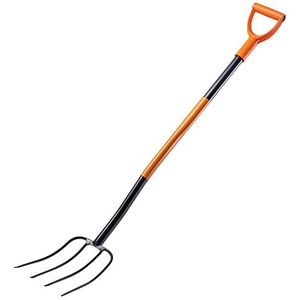 KADAX Spatvork van staal, 132 cm lange vork, hooivork, grafvork om te graven, ergonomische tuinvork, mestvork, vork met D-greep, tuinvork (4 tanden, zwart/oranje)