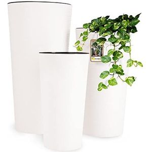 KADAX Bloempot met houtspaanders, elegante bloempot met uitneembare inzet, bloempotbescherming voor kantoor, bloembak, tuinschaal (3-delige set: 19/25/30 cm, wit)