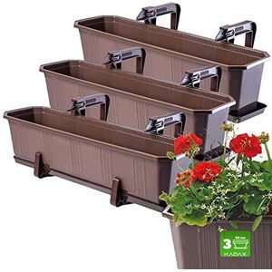 KADAX Bloembakset, balkonbak van kunststof, plantenbak voor bloemen en kruiden, duurzame balkonpot, plantenbak voor balkon (set: 3 x 60 cm, bruin)