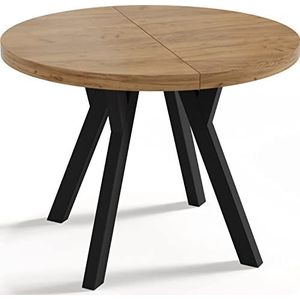 WFL GROUP Designer Ronde uittrekbare eettafel, loftstijl, industrieel, ruimtebesparend, zwarte poten, 100 tot 150 cm, voor 6-8 personen, gemaakt in EU, eiken handwerk, 150 cm