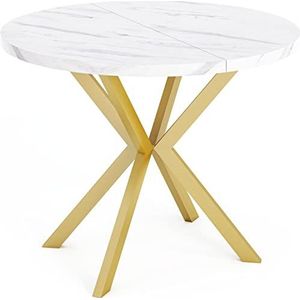 Ronde eettafel, uitschuifbaar, Loft Style tafel met metalen poten, 100 tot 180 cm, vierkante tafel, industriële stijl voor de woonkamer, ruimtebesparend, goudkleurig, wit marmer - 100 cm