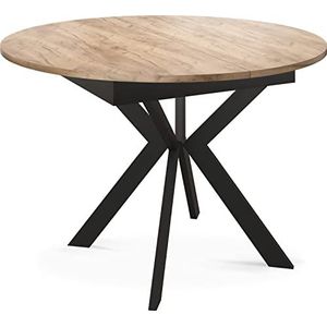WFL GROUP Ronde uittrekbare eettafel met zwarte metalen poten, opslag van de uitbreidingsplaat binnen, industriële ronde tafel voor woonkamer, ruimtebesparend, 100 cm, Craft eiken