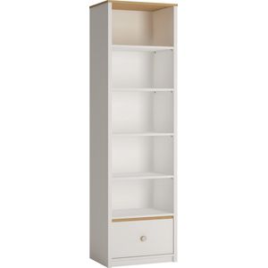 GLOBO R01 1S Hoge staande open boekenkast met lade, breedte 54,5 cm, jeugdmeubilair, boekenkast voor de kamer, wit + eiken