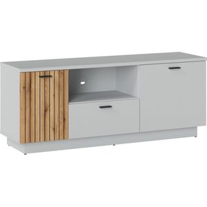 Vero F03 TV-meubel, TV-ladekast, woonkamermeubel, breedte 145,2 cm, met lade en planken. Kleur grijs/eiken