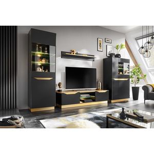 FAME wandmeubel, tv-meubel, woonkamermeubel, breedte 315 cm, zwart MDF mat / goud, LED-verlichting