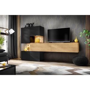 Brick TV-meubel, hickory natuur / MDF mat zwart / mat zwarte LED, breedte 215 cm, modern woonkamermeubel