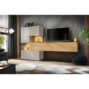 V-meubel, hickory natuur / MDF kasjmier/ kasjmier LED, breedte 215 cm, modern woonkamermeubel