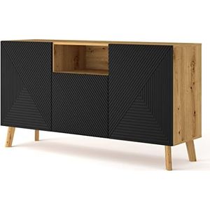 BIM Furniture Commode LUXI 3D 146 cm eiken Artisan, fronten zwart mat gefreesd MDF, poten van massief hout, dressoir highboard kast, 3 deuren