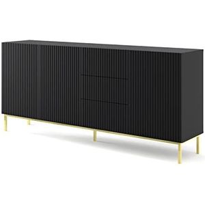 BIM Furniture Ravenna commode met 3 deuren + 3 laden van hout en gouden lijst - mat zwart - L 200 x D 42 x H 89 cm