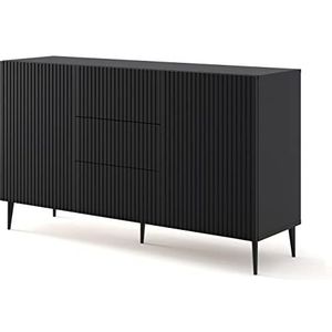 BIM Furniture Commode Ravenna B 2D3S 150 cm met gefreesde voorkant hoogwaardig MDF, dressoir, buffet op zwarte metalen poot, 2 kasten, 3 laden (mat zwart)