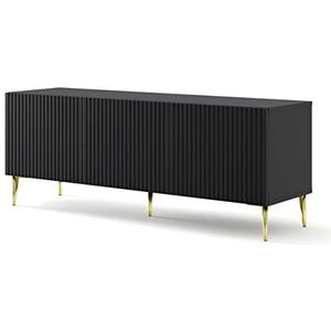 BIM Furniture TV-kast Ravenna A 150 cm 3D met gefreesde voorkant, hoogwaardige MDF-metalen poten, lage kast, dressoir, commode, televisietafel (zwarte mat, gouden poten)