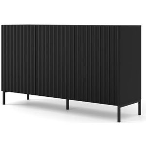 Commode Wave 150 cm 3D dressoir met 3 deuren - highboard - gefreesd MDF moderne commode voor slaapkamer of woonkamer - zwart mat met metalen frame (zwart mat met zwart metalen frame)