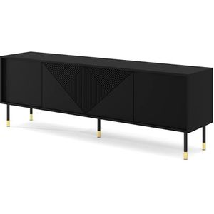Homlando TV kast Woody Black 4D 180 cm - modern tv-meubel met gefreesde voorkant MDF - lowboard met 4 deuren voor de woonkamer - metalen poten - zwart mat