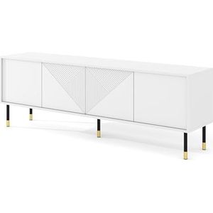 Homlando TV kast Woody White 4D 180 cm - modern tv-meubel met gefreesde voorkant MDF - lowboard met 4 deuren voor de woonkamer - metalen poten - mat wit