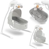 LIONELO Henny 3-in-1 elektrische babyschommel met ligfunctie, 10 melodieën, carrousel, USB-aansluiting, muggennet (grijs)