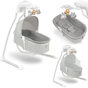 LIONELO Henny 3-in-1 elektrische babyschommel met ligfunctie, 10 melodieën, carrousel, USB-aansluiting, muggennet (grijs)