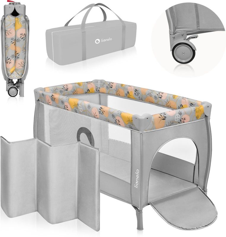 LIONELO Stefi Plus Opvouwbaar reisbedje met matras, Vanaf de geboorte tot 3 jaar/15 kg, Babyboxen voor kinderen en baby's met zij-ingang, Gaaswanden transparante, Tas, Wielen, Systeem LockGuard