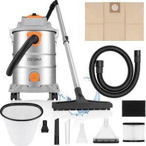 Zeegma Pro Multi Silver – Stofzuiger / Bouwstofzuiger / Waterstofzuiger / Aszuiger / Tapijtreiniger – Voor natte reiniging en wateropzuiging – HEPA + waterfilter – 1600W – 25L RVS tank – Bereik 13m – Accessoireset inbegrepen – Voor auto en werkplaats