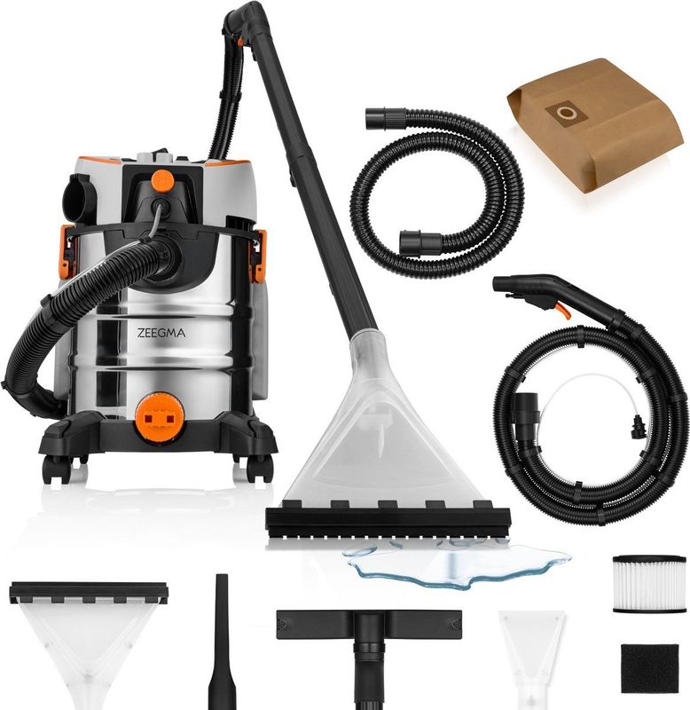 Zeegma Pro Aqua 1400W – Krachtige stofzuiger met wasfunctie – Tapijtreiniger en bekledingreiniger – Met en Zonder Zak – Waterstofzuiger voor auto en meubels – HEPA filter – Blaasfunctie – 4L tank – RVS reservoir – 13m bereik - Water Vacuum Cleaner