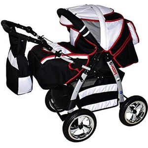 Kinderwagen met autostoel Isofix alles in een 3-in-1 combi-kinderwagen King by ChillyKids zwart & wit & naad rood 3-in-1 met autostoel