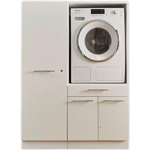 Laundreezy Wasmachinekast en multifunctionele kast, witte wasmachine-overbouwkast, TÜV-gecertificeerd, met veel opbergruimte, houtmateriaal, 117,5 x 162 x 67,5 cm