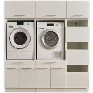 LAUNDREEZY 2 x wasmachinekast, waskast en 3 x kastopzetstukken, wit, wasmachine-bovenbouwkast, TÜV-gecertificeerd, met veel opbergruimte, 185 x 200 x 67,5 cm (b x h x d)