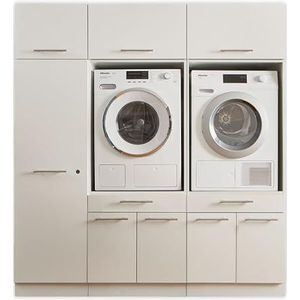 LAUNDREEZY 2 x wasmachinekast, multifunctionele kast en 3 x kastopzetstukken, wit, wasmachine-bovenbouwkast, TÜV-gecertificeerd, met veel opbergruimte, wasruimte, 185 x 200 x 67,5 cm (b x h x d)