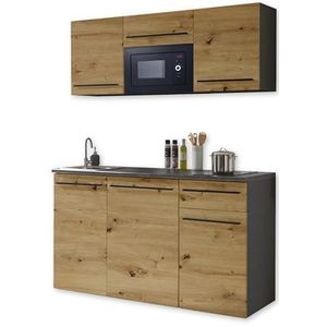 JAZZ Moderne kitchenette zonder elektrische apparaten, antraciet, ambachtelijke eikenlook - ruime keuken met veel opbergruimte - 160 x 212 x 60 cm (b x h x d)