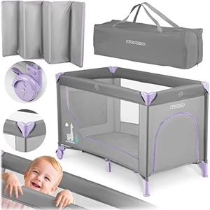 Ricokids Draagbaar reisbed voor kinderen, 125 x 65 x 78 cm, belastbaar tot 15 kg, inklapbaar, twee wielen met remmen, afneembare zijingang, matras, tas, lichtgrijs en lavendel