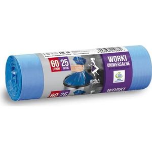 ANNA ZARADNA ST-AZ-010882 Universele vuilniszakken, 60 liter, 25 stuks, voor huisafval, kantoor, van dikke HDLD-regranulaatfolie, kleur: blauw
