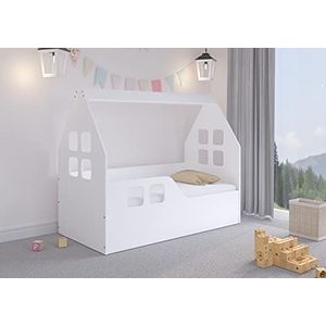 iGLOBAL Kinderbed in huisvorm kinderhuis huisbed tienerbed juniorbed matras lattenbodem 144x74x120 cm (wit - valbescherming links)