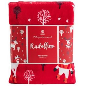 ESSEX - Knuffeldeken 150 x 200 cm, RUDOLFINIO, wollige deken, licht en houdt warme bankdeken, behaaglijk, modern design, woondeken, robuuste bankdeken met kerstthema - rood