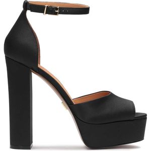 Black fabric sandals with chunky platform and heel
