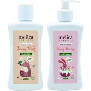 MELICA ORGANIC BIO Biologisch BABY en KINDEREN BADSET 98,8% Natuurlijke SHAMPOO ""FUNNY WOLF"" met ALOE VERA EXTRACT en 98,3% Natuurlijke BADSCHUIM ""FUNNY BUNNY"" met FRUIT MIX Zonder Parabenen, SLS, SLES 600ml