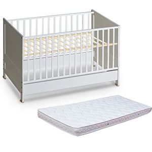 ATB MEBLE Babybed met matras en matrasbeschermer, bijzetbed van hout, babybed, meegroeiend, kinderbed, ombouwbaar, vier niveaus van matrashoogte, ledikant voor babykamer, 140 x 70 cm, wit