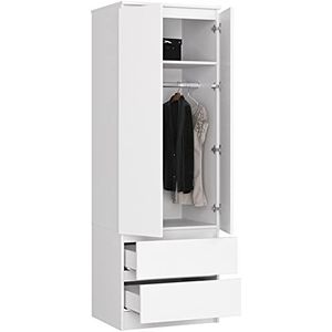 BDW Kledingkast met 2 deuren, 2-deurs kledingkast, 2 laden, opbergkast, moderne kast voor de slaapkamer, woonkamer, hal, kinderkamer, 180 x 60 x 51 cm, wit
