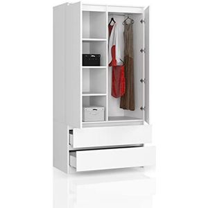BDW Kledingkast met 2 deuren, 4 legplanken, hanggedeelte, 2 laden, kast voor slaapkamer, woonkamer en hal, 180 x 90 x 51 cm, wit